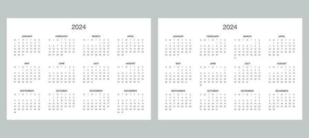 2024 yearly Calendar Monday and Sunday Start vector