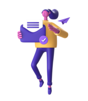 3d personnage en portant courrier ou email avec liste de contrôle et papier avion pour ui ux la toile mobile applications social médias png