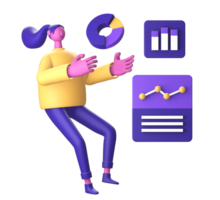 3D Character with statistic infographic and pie or bar chart for UI UX web mobile apps social media png