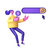 3D Character holding magnifying glass with search bar for UI UX web mobile apps social media png