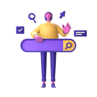 3d personaggio con ricerca bar icona simbolo per ui UX ragnatela mobile applicazioni sociale media png
