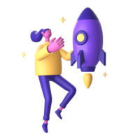 3d personaje con astronave o astronave cohete y estrella para ui ux web móvil aplicaciones social medios de comunicación png