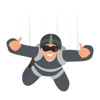Man skydiver hangs in sky and shows two hands thumbs up after jumping from airplane. vector