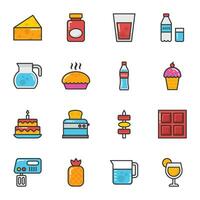 bebidas y panadería comida de colores línea íconos vector