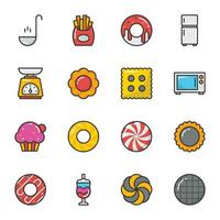 Cooking Tools and Food Coloured Line Icons vector