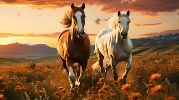 el caballo es Moviente en el prado, generativo ai foto