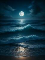 tranquilo noche marina con espumoso aguas y reflexivo luna, ai generativo foto