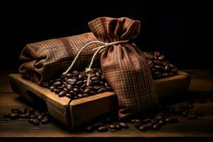 Coffee bag wrapped in coffee beans, Generative Ai photo