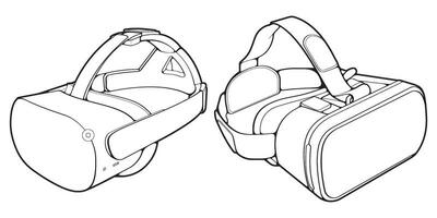 Set off Virtual reality headset outline drawing vector, Virtual reality headset drawn in a sketch style, black line Virtual reality headset trainers template outline, vector Illustration.