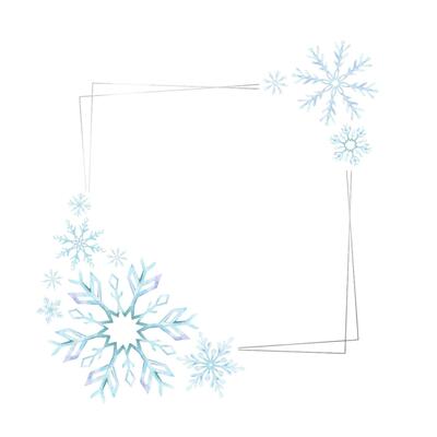 Snowflakes. Watercolor frame. Decorative winter background with hand drawn snowflakes, snow, stars. Snowflake framework. Isolated. For postcards, invitations, cards