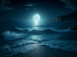 Tranquil Night Seascape with Sparkling Waters and Reflective Moon, Ai Generative photo