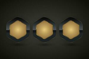 Three Luxury buttons of hexagon shapes with golden frame vector illustration. Premium realistic isolated website elements, golden glossy labels