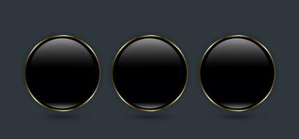 Three Buttons of Premium round black glossy Circle button, with Luxury gold ring frame vector illustration