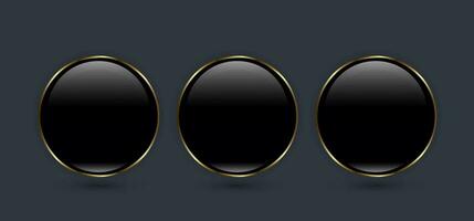 Three Buttons of Premium round black glossy Circle button, with Luxury gold ring frame vector illustration