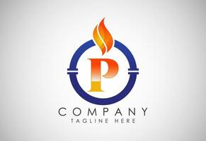English alphabet P with fire flame and pipe. Oil and gas industry logo design concept. vector