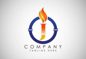 English alphabet J with fire flame and pipe. Oil and gas industry logo design concept. vector