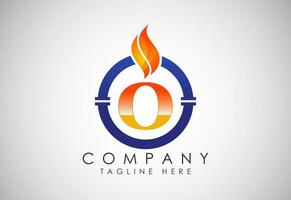 English alphabet O with fire flame and pipe. Oil and gas industry logo design concept. vector