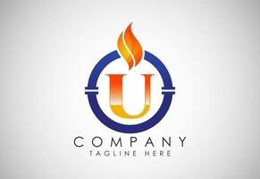 English alphabet U with fire flame and pipe. Oil and gas industry logo design concept. vector