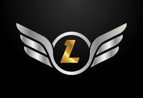 Inglés alfabeto l con alas logo diseño. coche y automotor vector logo concepto
