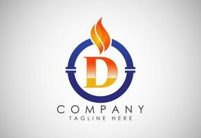 English alphabet D with fire flame and pipe. Oil and gas industry logo design concept. vector