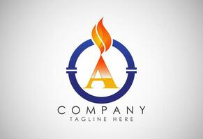 English alphabet A with fire flame and pipe. Oil and gas industry logo design concept. vector