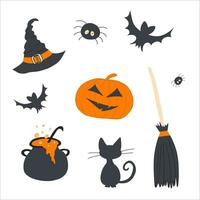 Vector set of characters and icons for Halloween in cartoon style. Halloween objects hat, pumpkin, potion, black cat, broom, spider, bat.