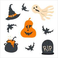 Vector set of characters and icons for Halloween in cartoon style. Halloween objects. Hat, ghost, pumpkin, potion, grave, bats.