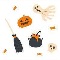 Vector set of Halloween characters in cartoon style. Halloween objects pumpkin, skull, ghost, potion, broom, candies