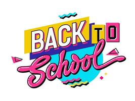 Back to school lettering in bold, vivid 90s style. School, education, learning themed inscription. Isolated vector typography with bright geometric background. Learning support phrase for any purposes