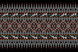 Floral Cross Stitch Embroidery on black background.geometric ethnic oriental pattern traditional.Aztec style abstract vector illustration.design for texture,fabric,clothing,wrapping,decoration,sarong.