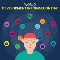 illustration vector graphic of a person thinking with his brain, showing tool icon, perfect for nternational day, world development information day, celebrate, greeting card, etc.
