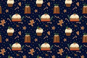 Christmas pudding pattern on dark blue. Vector winter time seamless print. Sweet dessert, food, gingerbread, stars, tasty cake repeat background. Decorative baked Christmas cookies wallpaper, wrap.