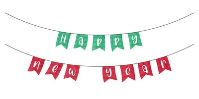 Happy New Year festive flags vector illustration. January holiday decorative garland. New Year party bunting isolated on white background.