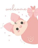 Cute Baby Girl Shower in pink, Welcome baby girl with adorable newborn in clothes, Perfect for invitaion greeting card, welcoming the little one into the family. vector