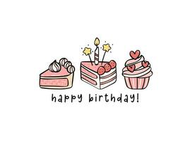 Cute Pink Birthday Cakes with candles minimal Doodle, Celebrate party with cute cake illustration hand drawing perfect for greeting cards. vector