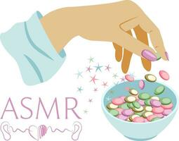 Vector ASMR illustration with video blogger woman using hard candies to make rustling sound