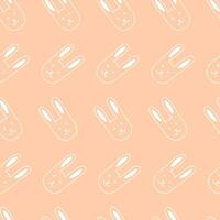 Seamless pattern with hand drawn face of rabbit, hare on beige background in naive style. vector