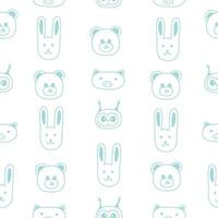 Seamless pattern with hand drawn face of rabbit, hare, pig, owl, bear in naive style. vector