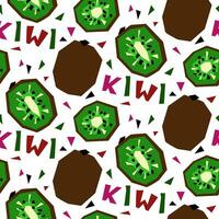 A pattern with an abstract image of a kiwi and a name in the form of geometric shapes. Colorful textile print in tropical style. Packaging for products with a certain taste. Stylized flat vector