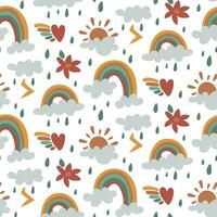 Pattern Rainbow, cloud, rain, thunderstorm, sun, flower, heart pattern on a white background. Rainbow seamless pattern, cartoon vector illustration. Children's texture for printing on fabric and paper