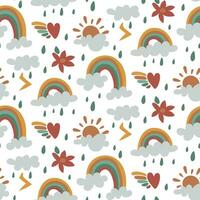 Pattern Rainbow, cloud, rain, thunderstorm, sun, flower, heart pattern on a white background. Rainbow seamless pattern, cartoon vector illustration. Children's texture for printing on fabric and paper