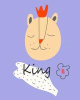 un gatito se convirtió un rey, con un manto y un corona. linda cara en dibujos animados estilo. ideal para postales, sublimación impresión en ropa, tazas vector