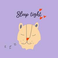 sleeping cat in a cartoon style with words sleep tight. Vector illustration for print kids cloths, textile.