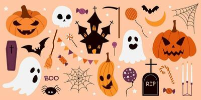 Vector set of Halloween element, pumpkins, ghosts, castle, grave, coffin, broom, candy. Perfect for scrapbooking, greeting card, party invitation, poster, tag, stickers. Hand-drawn style. Fall theme.