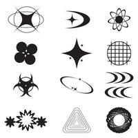 Retro futuristic elements for design. Big collection of abstract graphic geometric symbols and objects in y2k style. Templates for notes, posters, banners, stickers, business cards, logo vector