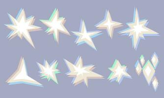 A set of mother-of-pearl stars. Bright sparks on the background of fireworks symbols. Twinkle decoration, glowing light effect, brilliant flash. Vector illustration isolated flicker, flashes, bursts