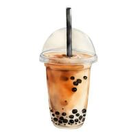 Bubble Boba Milk Tea in Plastic Glass with Straw Isolated Hand Drawn Watercolor Painting Illustration vector