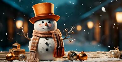 Festive New Year's snowman, Christmas background postcard - AI generated image photo