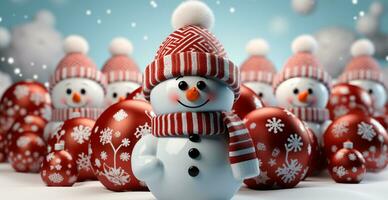 Winter holiday christmas background banner - Close-up of snowmen on snowy bokeh background - AI generated image photo