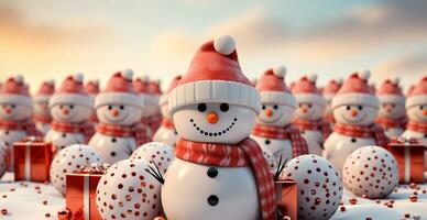 Winter holiday christmas background banner - Close-up of snowmen on snowy bokeh background - AI generated image photo
